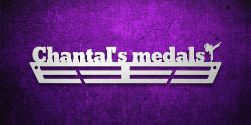 Custom images gallery medal rack with 'Chantal's medals' and gymnast silhouette, great for gymnastics achievements.