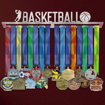 Men's Basketball Medal Hanger holding a full row of medals on a wall