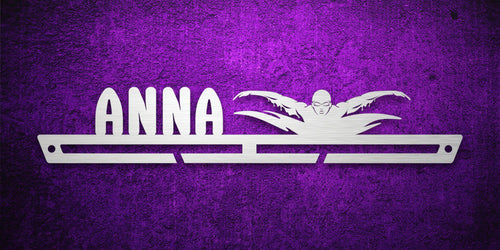 Custom images gallery swimming medal holder with 'Anna' name and swimmer silhouette, perfect for swim achievements.