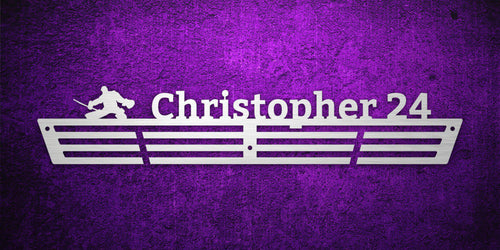 Custom images gallery hockey medal hanger with 'Christopher 24' and player silhouette, ideal for hockey fans.