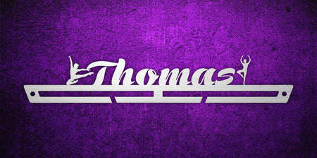 Custom images gallery gymnastics medal hanger with 'Thomas' name and gymnast silhouettes, perfect for dance or acrobatics.
