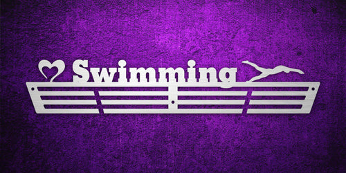 Custom images gallery swimming medal rack with 'Love Swimming' text and swimmer icon, ideal for aquatic sports.