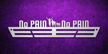 Custom images gallery medal hanger with 'No Pain No Pain' and family running silhouettes, humorous gift for runners.