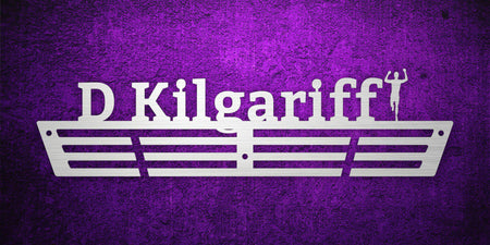 Custom images gallery fitness medal rack with 'D Kilgariff' and weightlifter icon, personalized display for gym medals.