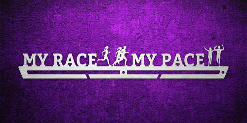 Custom images gallery medal hanger with 'My Race My Pace' text and running silhouettes, ideal for race medal display.