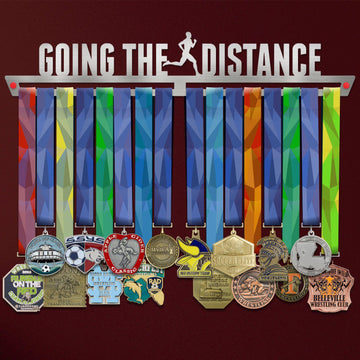 Men's Going The Distance Medal Hanger holding a full row of medals on a wall