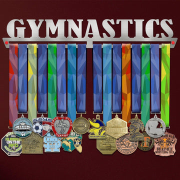 Gymnastics Medal Hanger holding a full row of medals on a wall