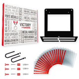 Victory Hangers® Race Bib Holder + Medal Display Rack V1 includes mounting hardware, 20 flip pouches, and a square black metal frame.