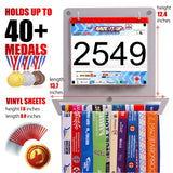 Victory Hangers® Race Bib Holder + Medal Hanger Display Rack V1 holds over 40 medals with vinyl sheets for organizing race bibs, ideal for runners.