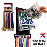 Race Bib Holder + Medal Hanger Display Rack V1 with flip pouches for easy access and medal display; ideal for runners and athletes.