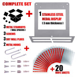 Race Bib Holder + Medal Hanger Display Rack V1 full kit with 20 vinyl sheets, wall spacers, hooks, and stainless steel display from Victory Hangers®.