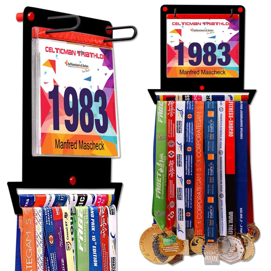 Race Bib Holder + Medal Hanger Display Rack V1 by Victory Hangers® showcasing medals and race bibs in a compact black wall-mounted design.