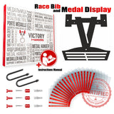 Victory Hangers® Race Bib Holder + Medal Display Rack V2 packaging with mounting hardware, vinyl sleeves, and installation manual included.