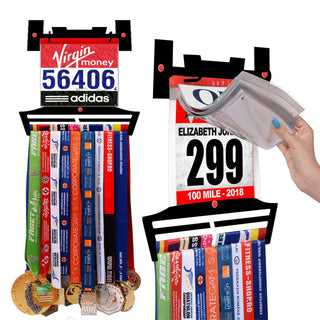 Race Bib Holder + Medal Hanger Display Rack V2 by Victory Hangers® showcasing race bibs and medals with vinyl sleeves for organized display.