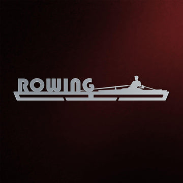 Rowing Medal Hanger in laser-cut steel on a dark background