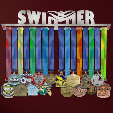 Swimmer Medal Hanger Display V1 showcasing colorful ribbons and various medals on a stainless steel rack with swimmer silhouette design.