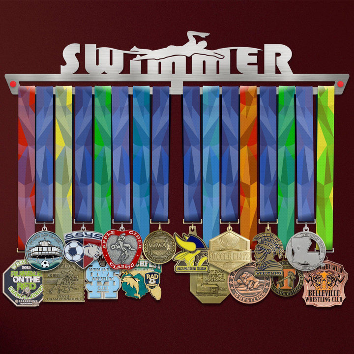 Swimming Medal Hanger holding a full row of medals on a wall