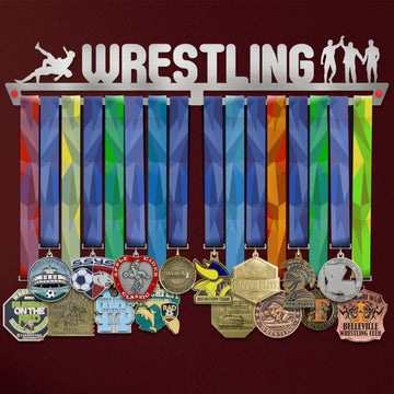 Wrestling Medal Hanger holding a full row of medals on a wall